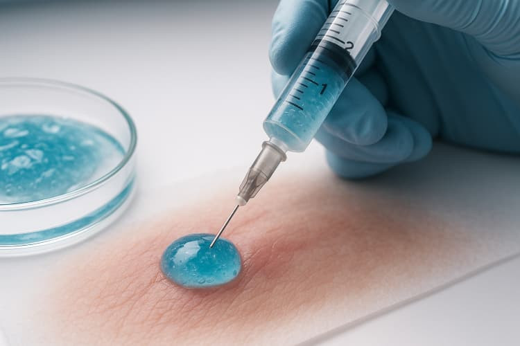 Close-up image of a healthcare professional administering a conductive hydrogel into tissue using a syringe, with a blue-tinted droplet contrasting against the skin, set against a sterile background.